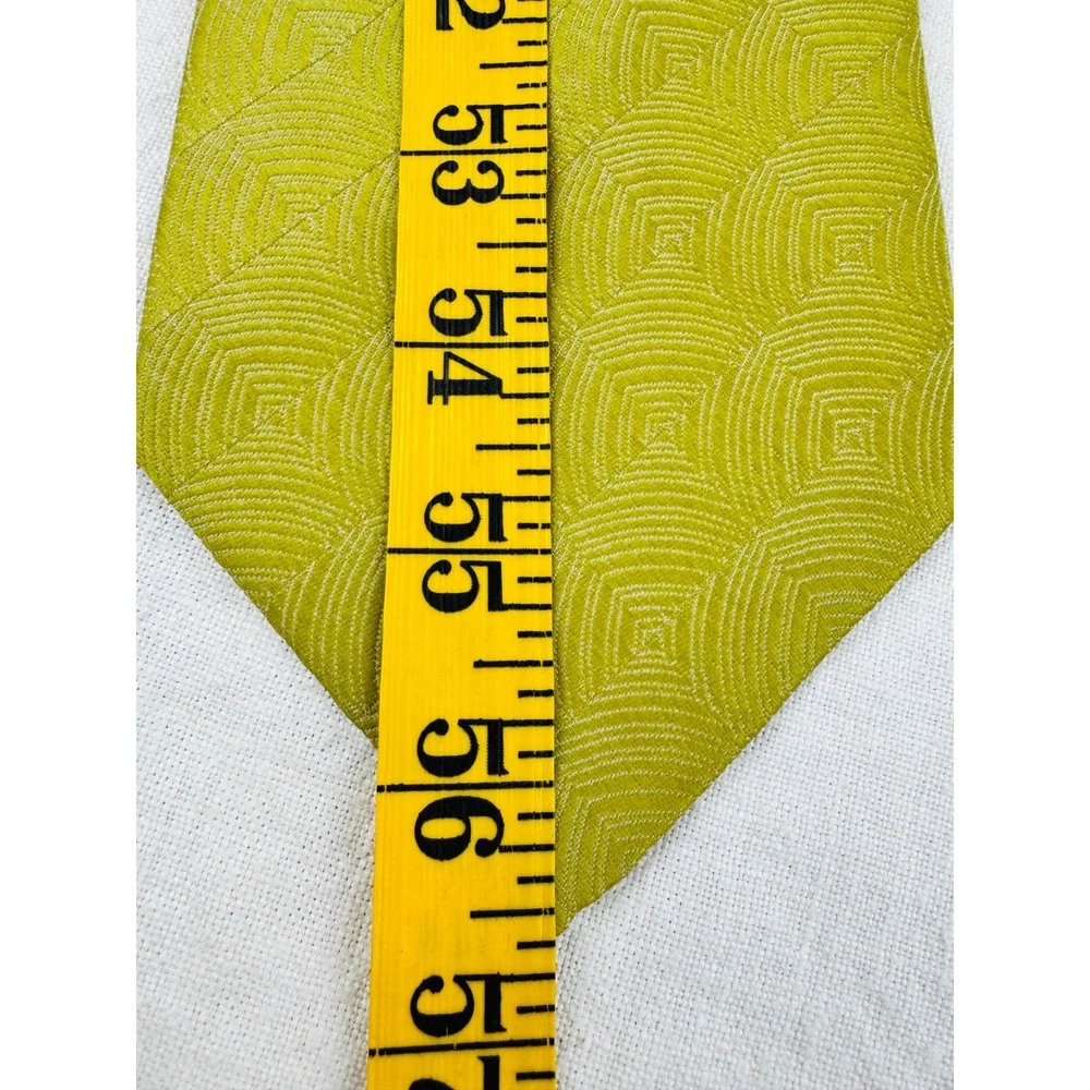 Vintage Chartreuse Green Geometric Concentric Square Woven Polyester Wide Tie